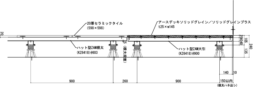 デッキ材（アースデッキソリッドグレイン）とセラミックタイルの組み合わせ図面