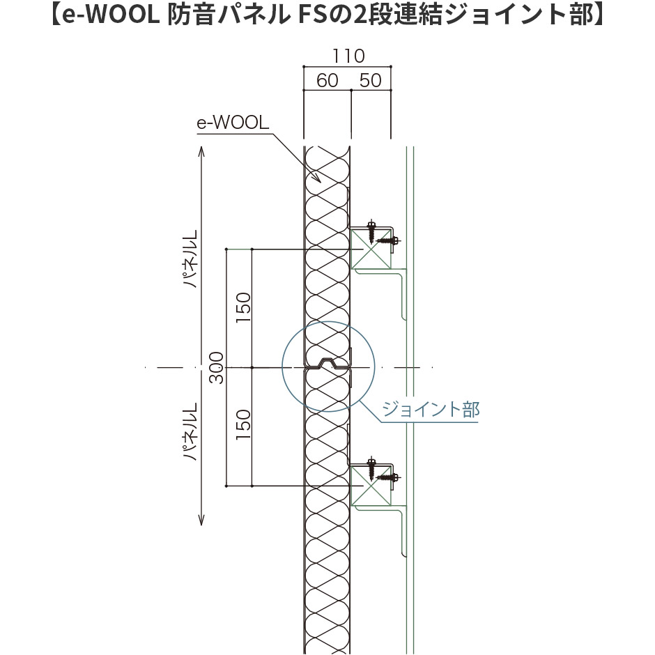 【e-WOOL防音パネルFSの2段連結ジョイント部】