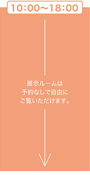 10：00～18：00 展示ルームは予約なしで自由にご覧いただけます。