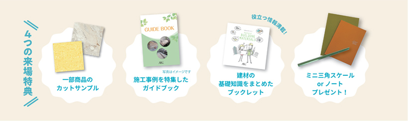 4つの来場特典 一部商品のカットサンプル 写真はイメージです 施工事例を特集したガイドブック 建材の基礎知識をまとめたブックレット ミニ三角スケールorノートプレゼント!