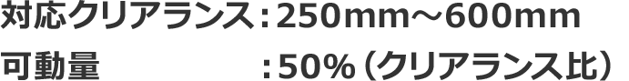 対応クリアランス:250mm~600mm 可動量:50%(クリアランス比)