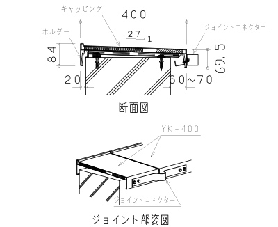 融雪笠木 ユキエル YK-400ジョイント部 Aの断面図とジョイント部姿図