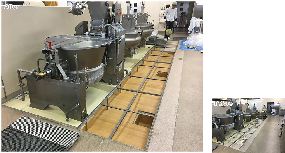 長万部給食センター 回転釜下の施工写真
